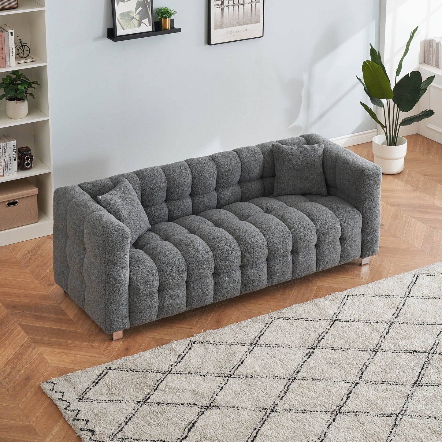 Gray Teddy 3-seater Sofa with Two Throw Pillows