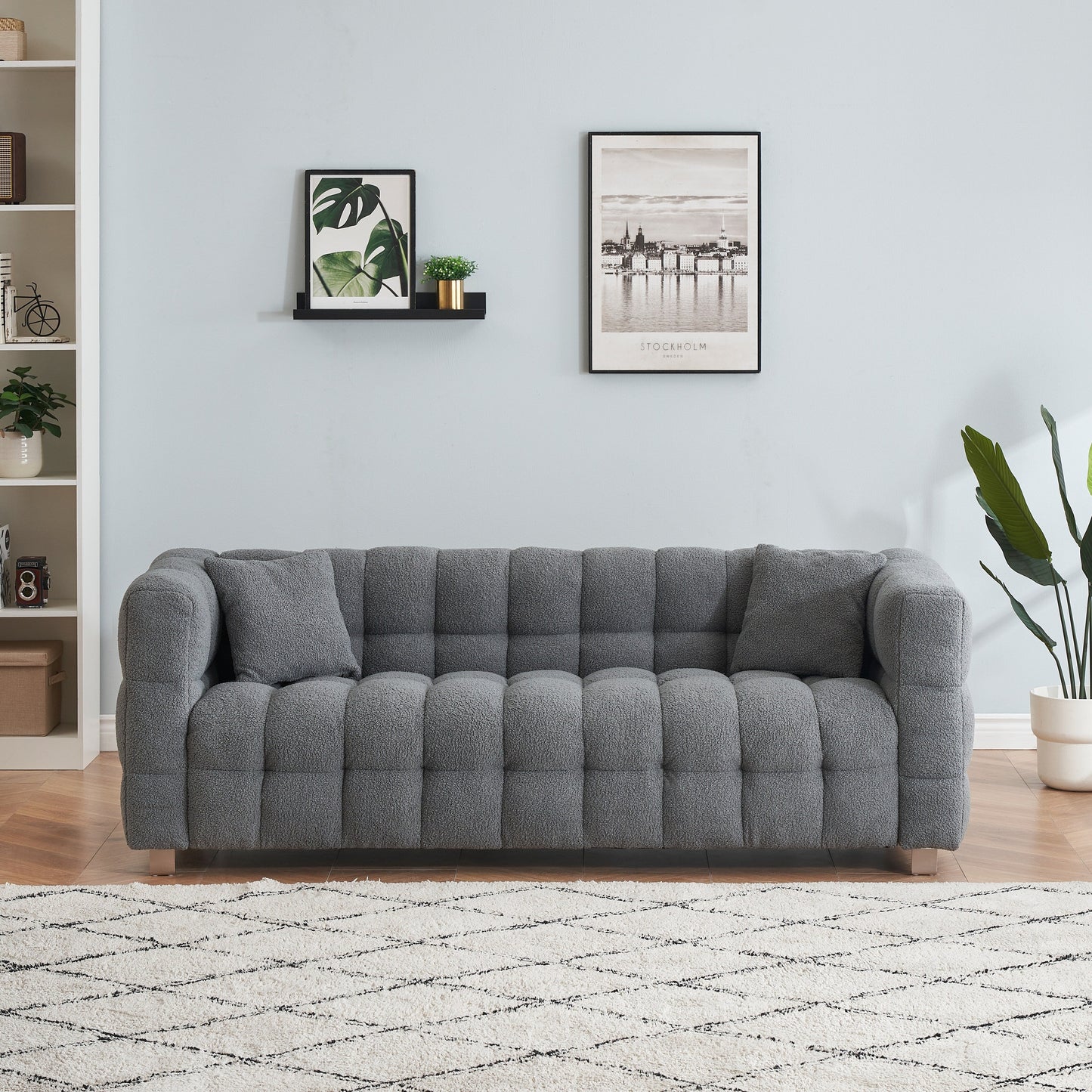 Gray Teddy 3-seater Sofa with Two Throw Pillows