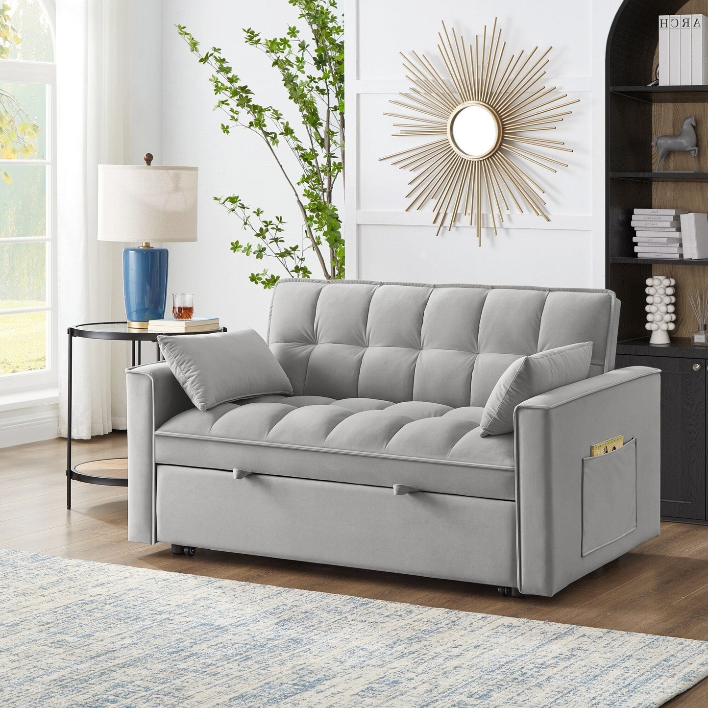 Gray Velvet 4-in-1 Pull-Out Loveseat Sofa Bed