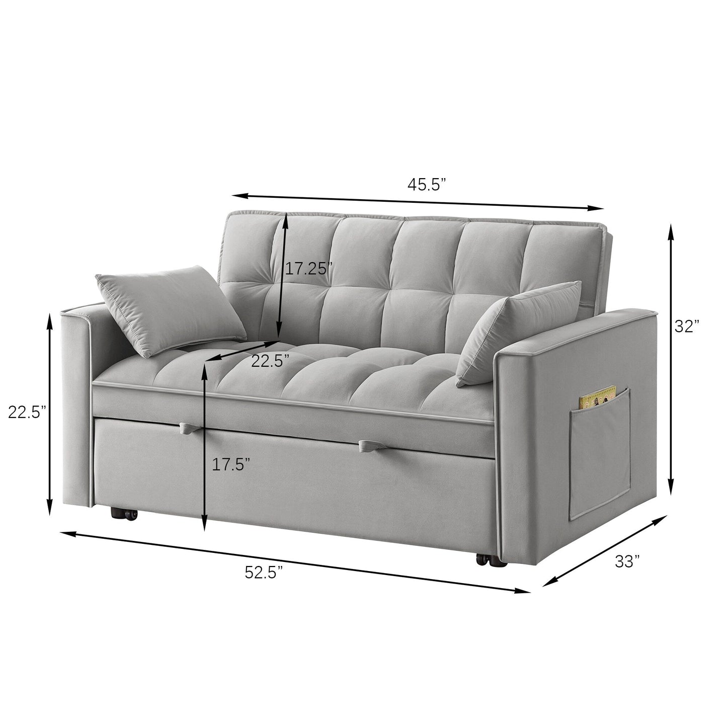 Gray Velvet 4-in-1 Pull-Out Loveseat Sofa Bed