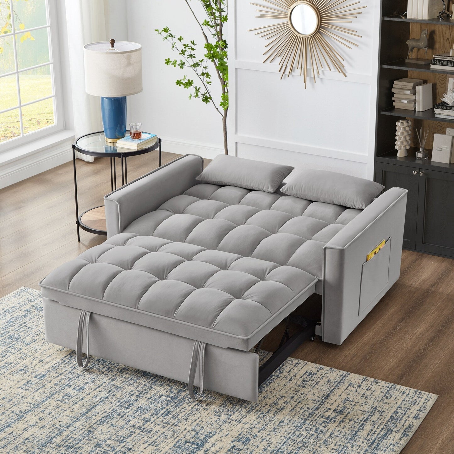 Gray Velvet 4-in-1 Pull-Out Loveseat Sofa Bed