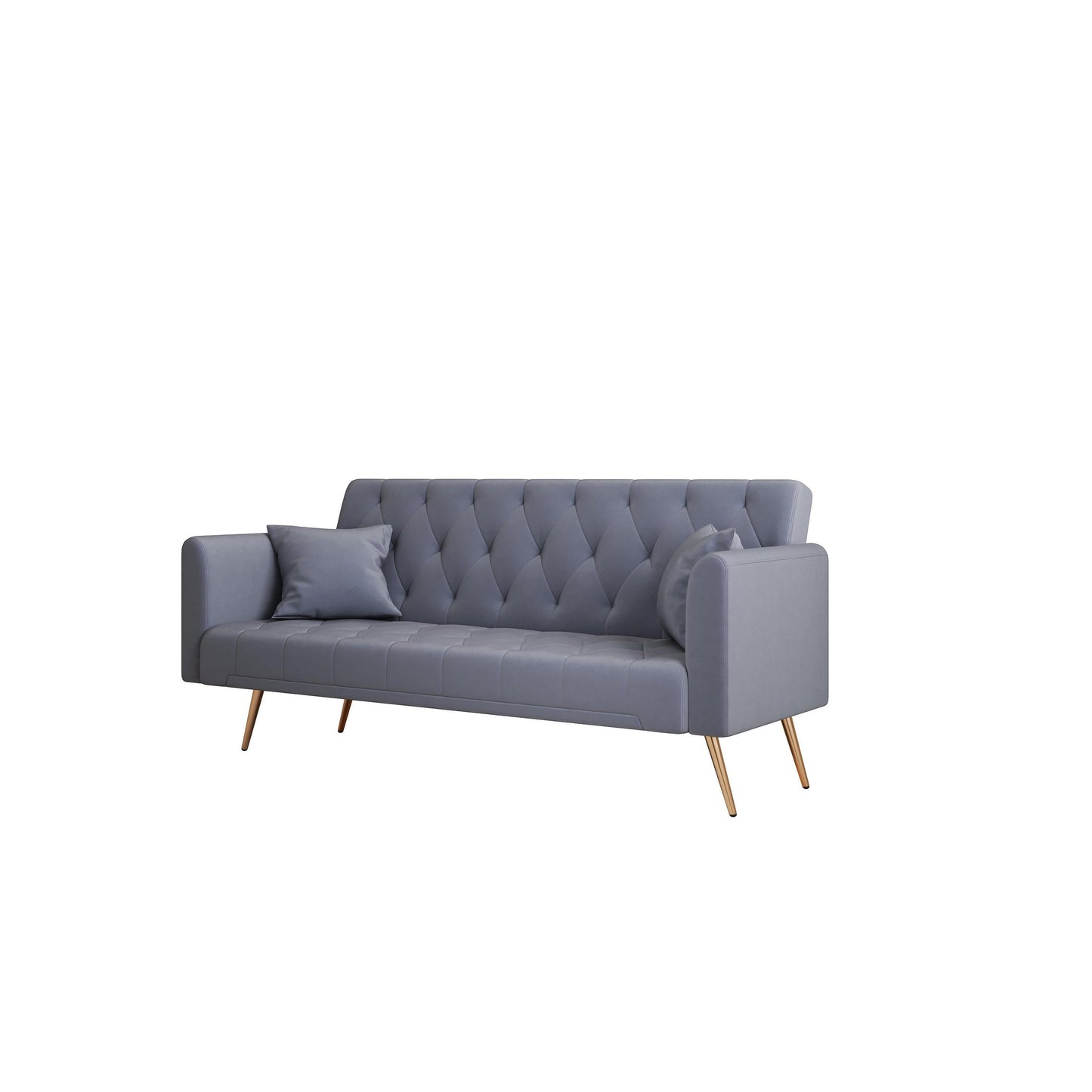 Gray Velvet Convertible 3-seater Sofa Bed with Throw Pillows