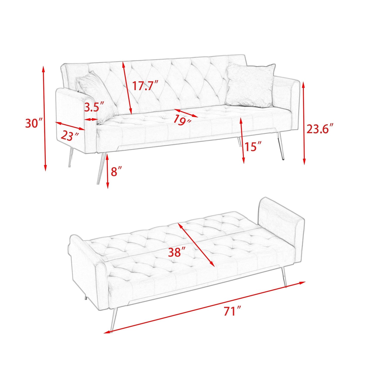 Gray Velvet Convertible 3-seater Sofa Bed with Throw Pillows