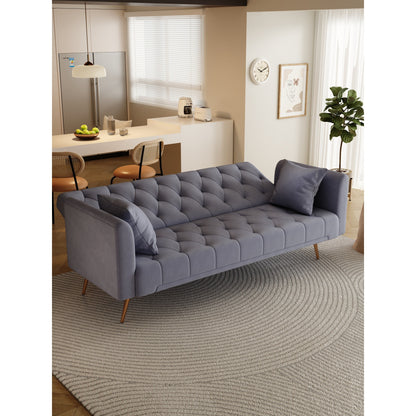 Gray Velvet Convertible 3-seater Sofa Bed with Throw Pillows