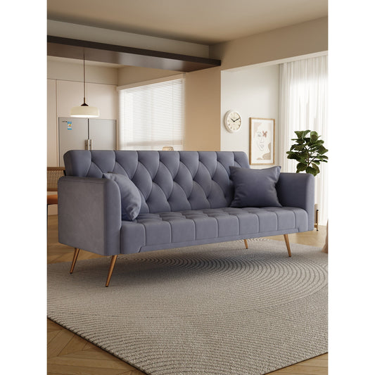 Gray Velvet Convertible 3-seater Sofa Bed with Throw Pillows