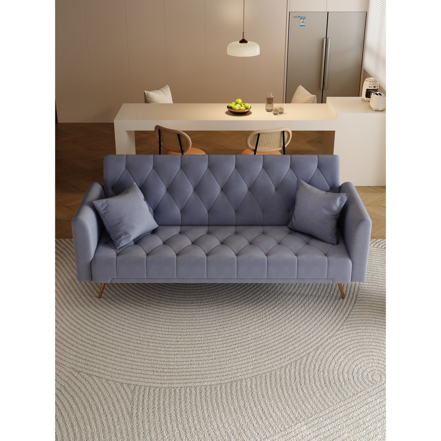 Gray Velvet Convertible 3-seater Sofa Bed with Throw Pillows