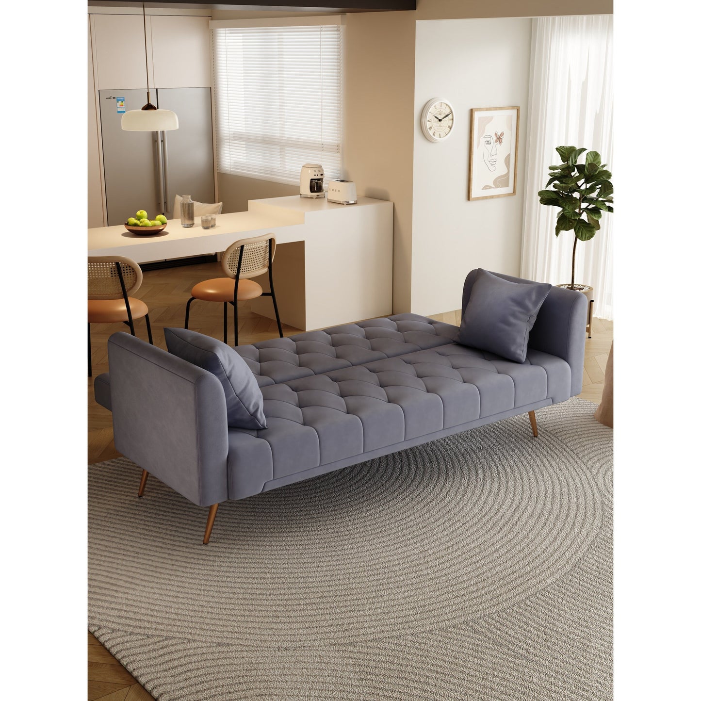 Gray Velvet Convertible 3-seater Sofa Bed with Throw Pillows