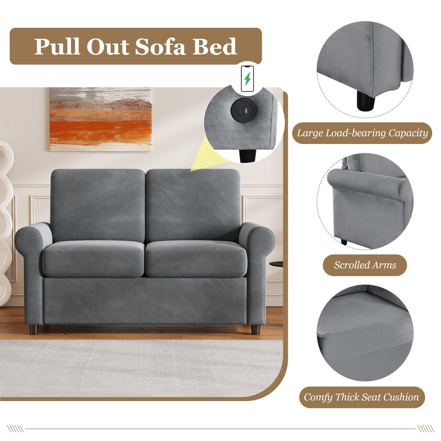 Gray Velvet Loveseat Pull Out Sofa Bed with Mattress Pad and USB Ports