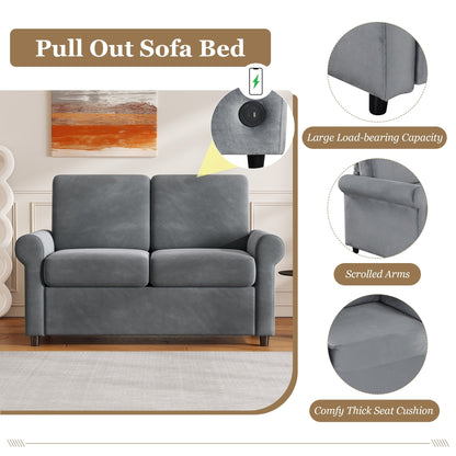 Gray Velvet Loveseat Pull Out Sofa Bed with Mattress Pad and USB Ports
