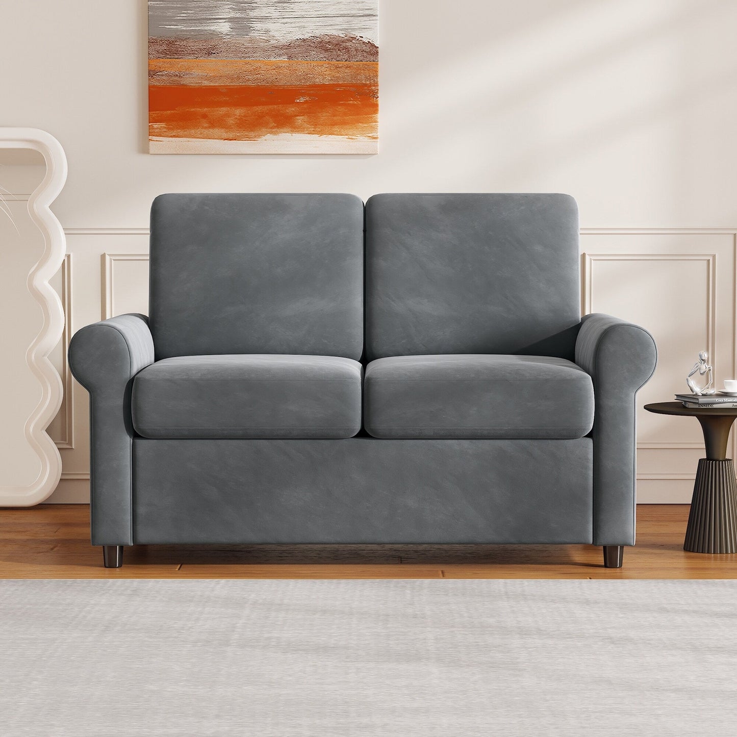 Gray Velvet Loveseat Pull Out Sofa Bed with Mattress Pad and USB Ports