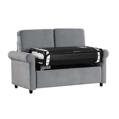 Gray Velvet Loveseat Pull Out Sofa Bed with Mattress Pad and USB Ports