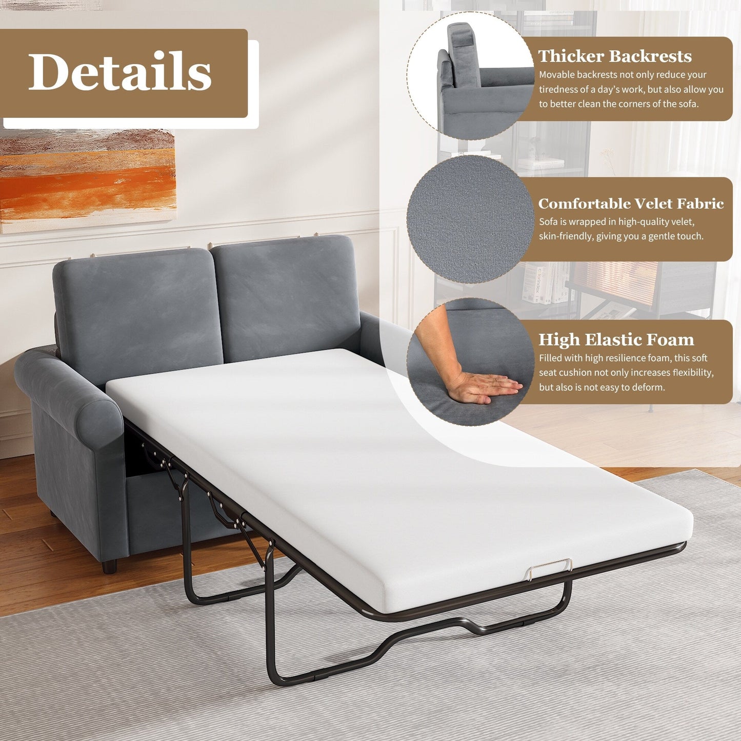 Gray Velvet Loveseat Pull Out Sofa Bed with Mattress Pad and USB Ports