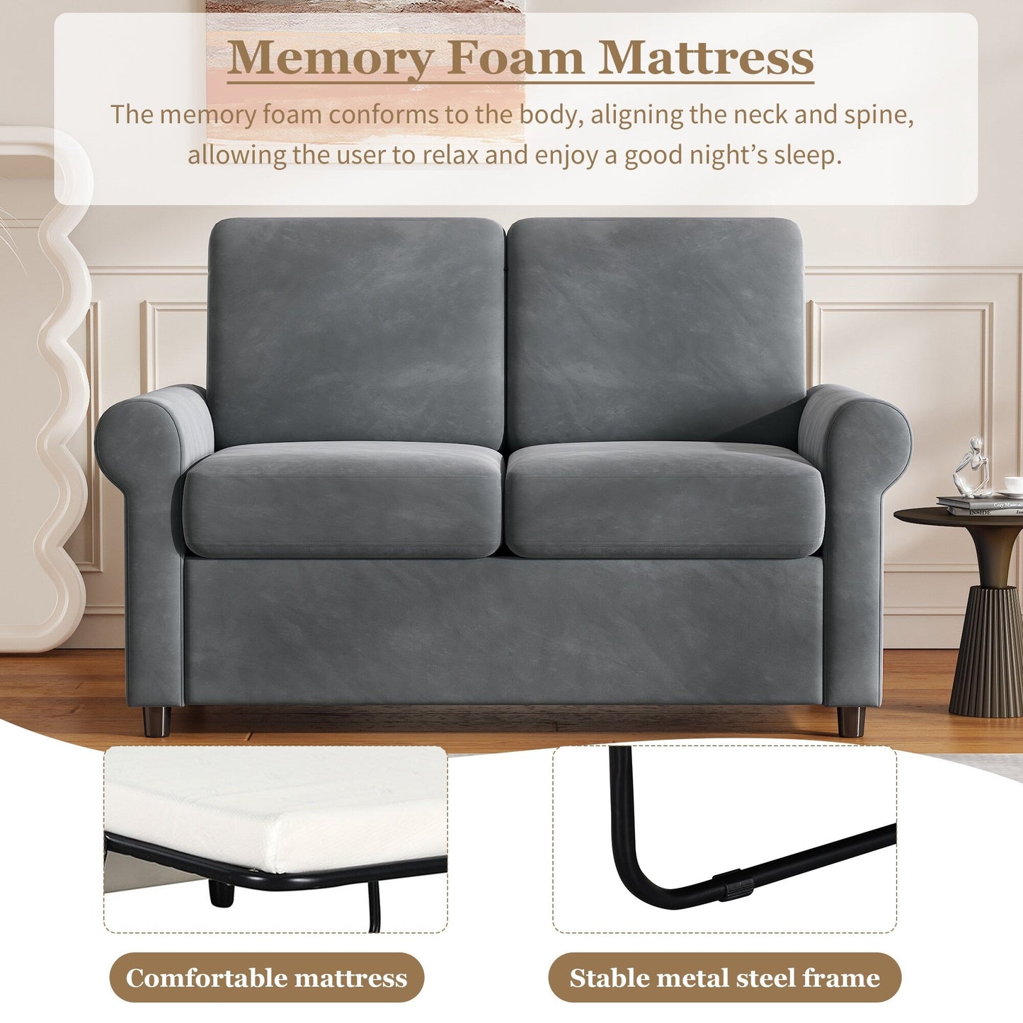Gray Velvet Loveseat Pull Out Sofa Bed with Mattress Pad and USB Ports