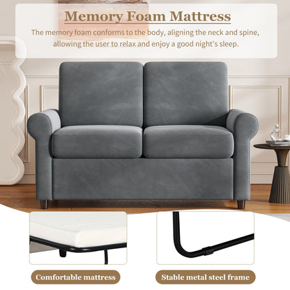 Gray Velvet Loveseat Pull Out Sofa Bed with Mattress Pad and USB Ports