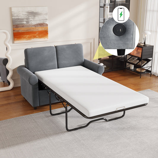 Gray Velvet Loveseat Pull Out Sofa Bed with Mattress Pad and USB Ports