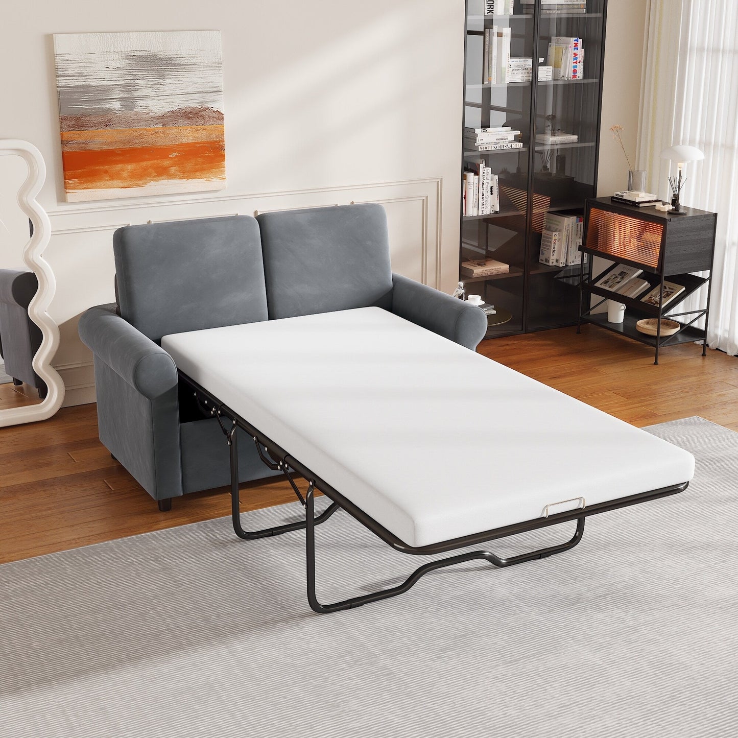 Gray Velvet Loveseat Pull Out Sofa Bed with Mattress Pad and USB Ports
