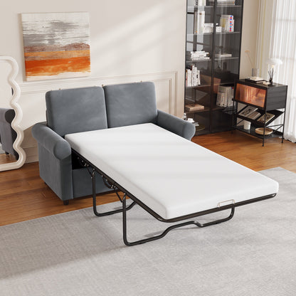Gray Velvet Loveseat Pull Out Sofa Bed with Mattress Pad and USB Ports
