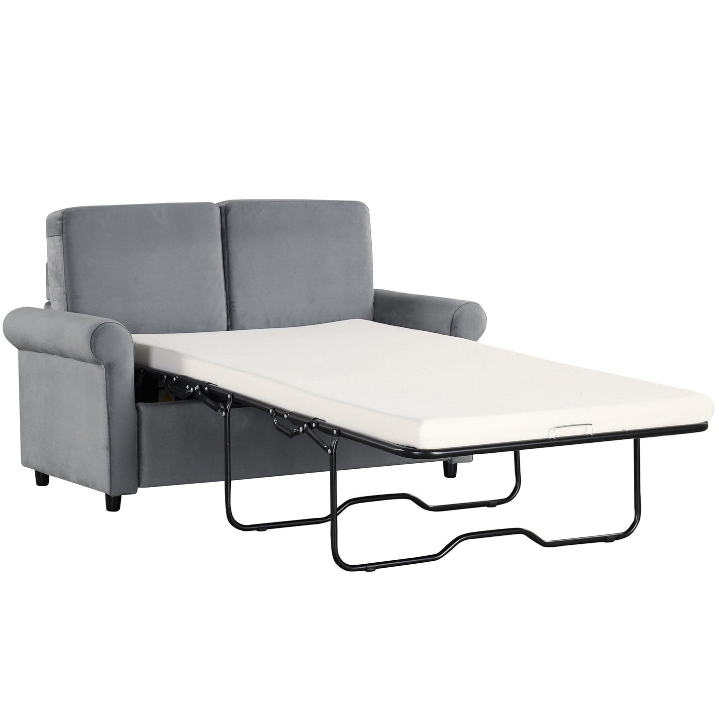 Gray Velvet Loveseat Pull Out Sofa Bed with Mattress Pad and USB Ports