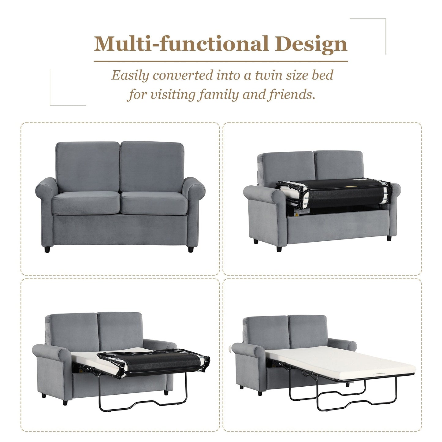 Gray Velvet Loveseat Pull Out Sofa Bed with Mattress Pad and USB Ports