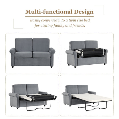 Gray Velvet Loveseat Pull Out Sofa Bed with Mattress Pad and USB Ports