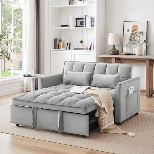 Grayish Modern 55.1 3 in 1 Convertible Loveseat Sofa Bed with Adjustable Back and Storage Bag for Living Room