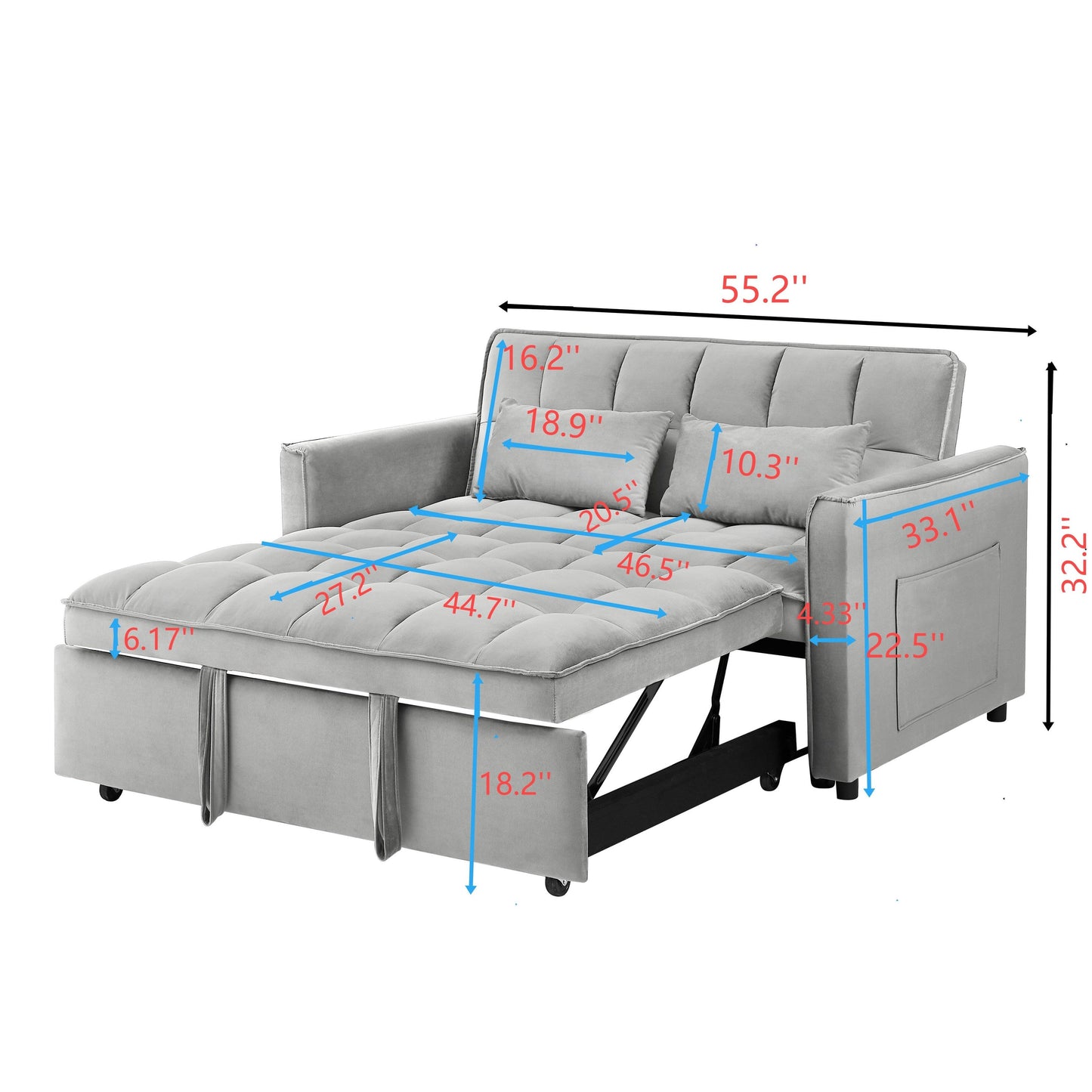 Grayish Modern 55.1 3 in 1 Convertible Loveseat Sofa Bed with Adjustable Back and Storage Bag for Living Room