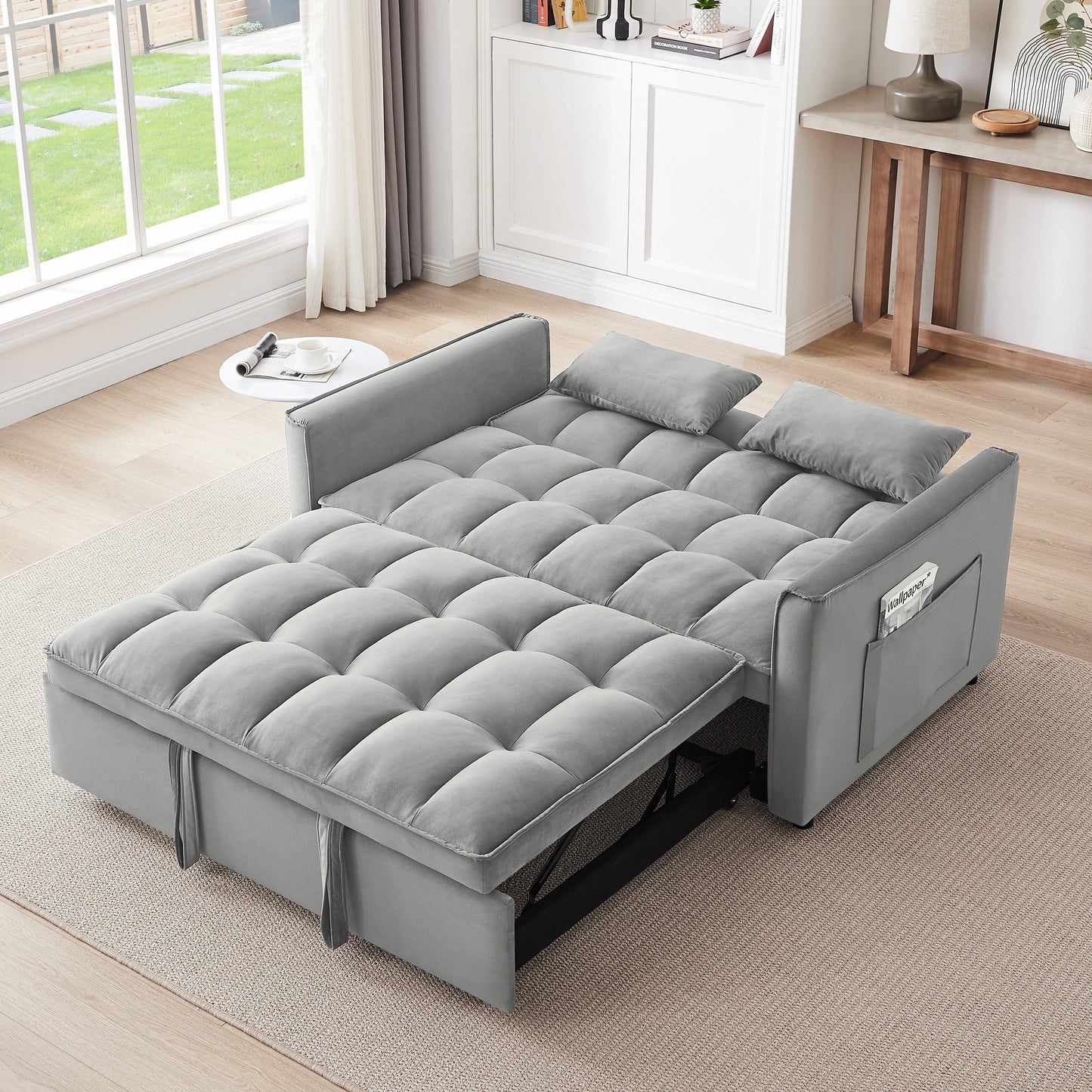Grayish Modern 55.1 3 in 1 Convertible Loveseat Sofa Bed with Adjustable Back and Storage Bag for Living Room