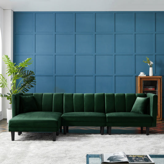 Green 106.7'' Velvet 3-Seater Sectional Sofa with Sleeper, Reversible Chaise, Adjustable Backrest, and Pillows