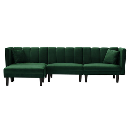Green 106.7'' Velvet Reversible 3-Seater Sectional Sofa with Convertible Sleeper and 2 Pillows