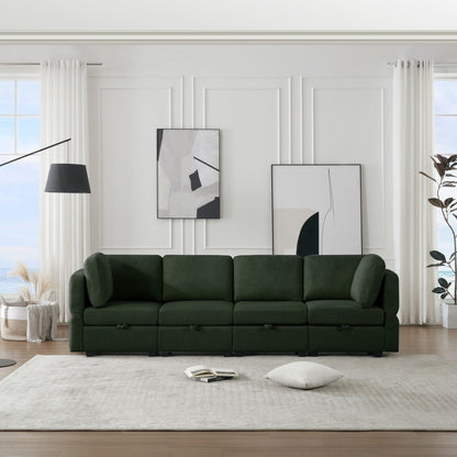 Green 113.8'' Polyester 4 Seater Modular Sectional Sofa Couch with Storage, Customizable, Adjustable Arms and Backs