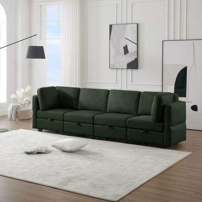 Green 113.8'' Polyester 4 Seater Modular Sectional Sofa Couch with Storage, Customizable, Adjustable Arms and Backs