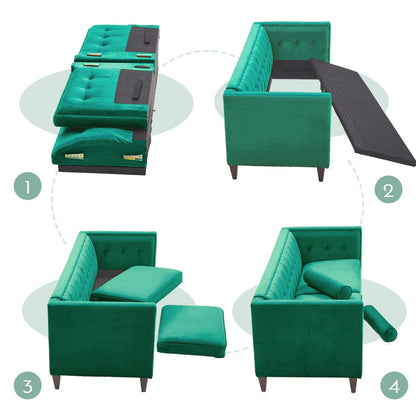Green 78'' Velvet 3-Seater Sofa with Bolster Pillows, Wooden Legs, and Easy Tool-Free Assembly