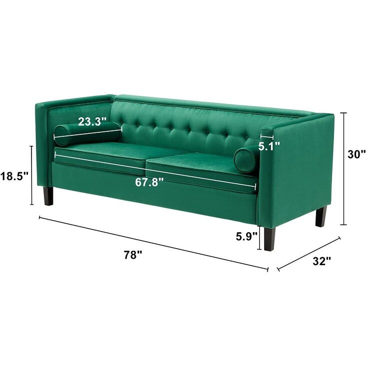 Green 78'' Velvet 3-Seater Sofa with Bolster Pillows, Wooden Legs, and Easy Tool-Free Assembly