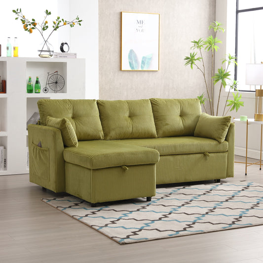 Green 81.1'' Corduroy L-Shaped 3 Seat Sofa Couch, with Reversible Chaise, Storage Seats, Solid Wood Frame