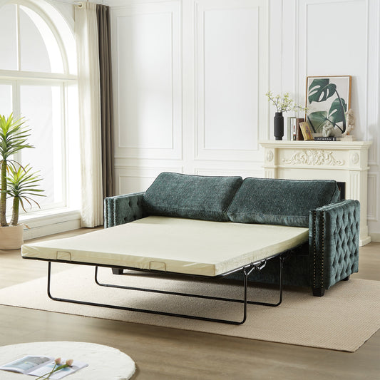 Green 81 Chenille Nailheads 3-seater Sleeper Sofa with Memory Foam Mattress for Living Room