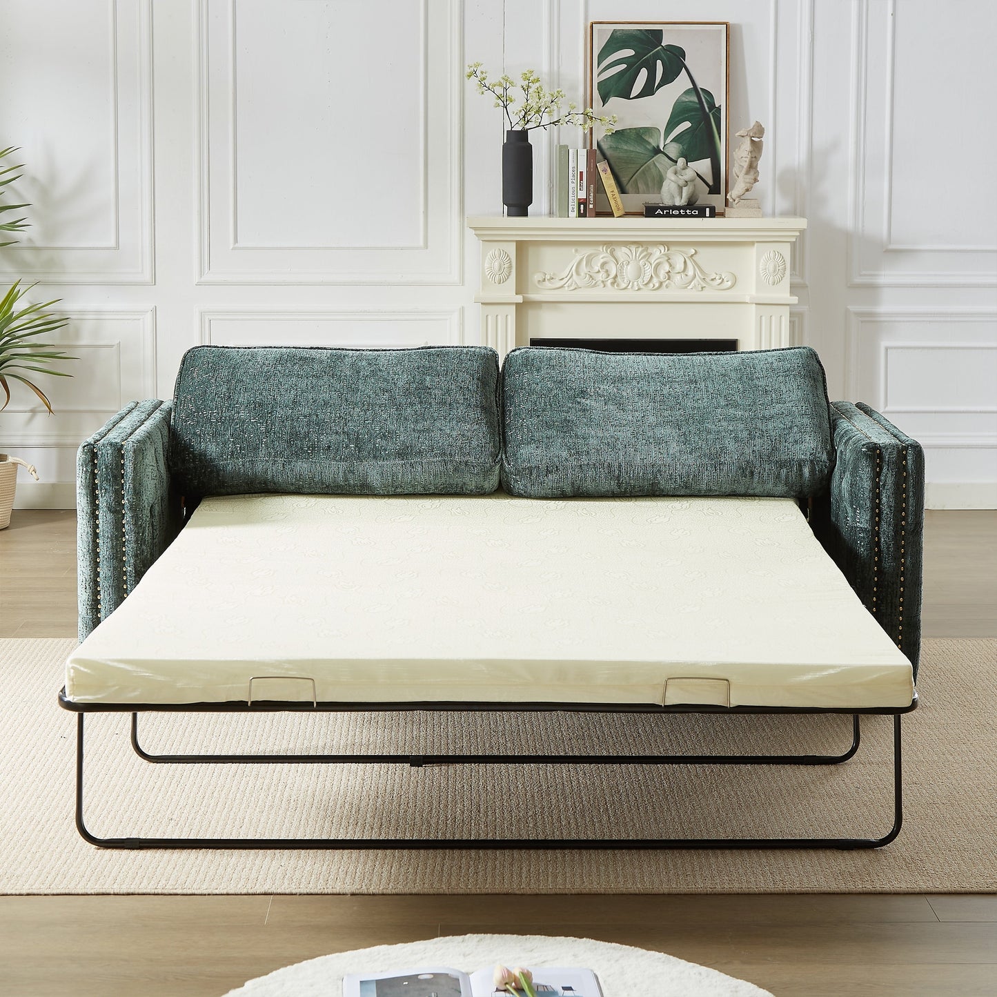 Green 81 Chenille Nailheads 3-seater Sleeper Sofa with Memory Foam Mattress for Living Room