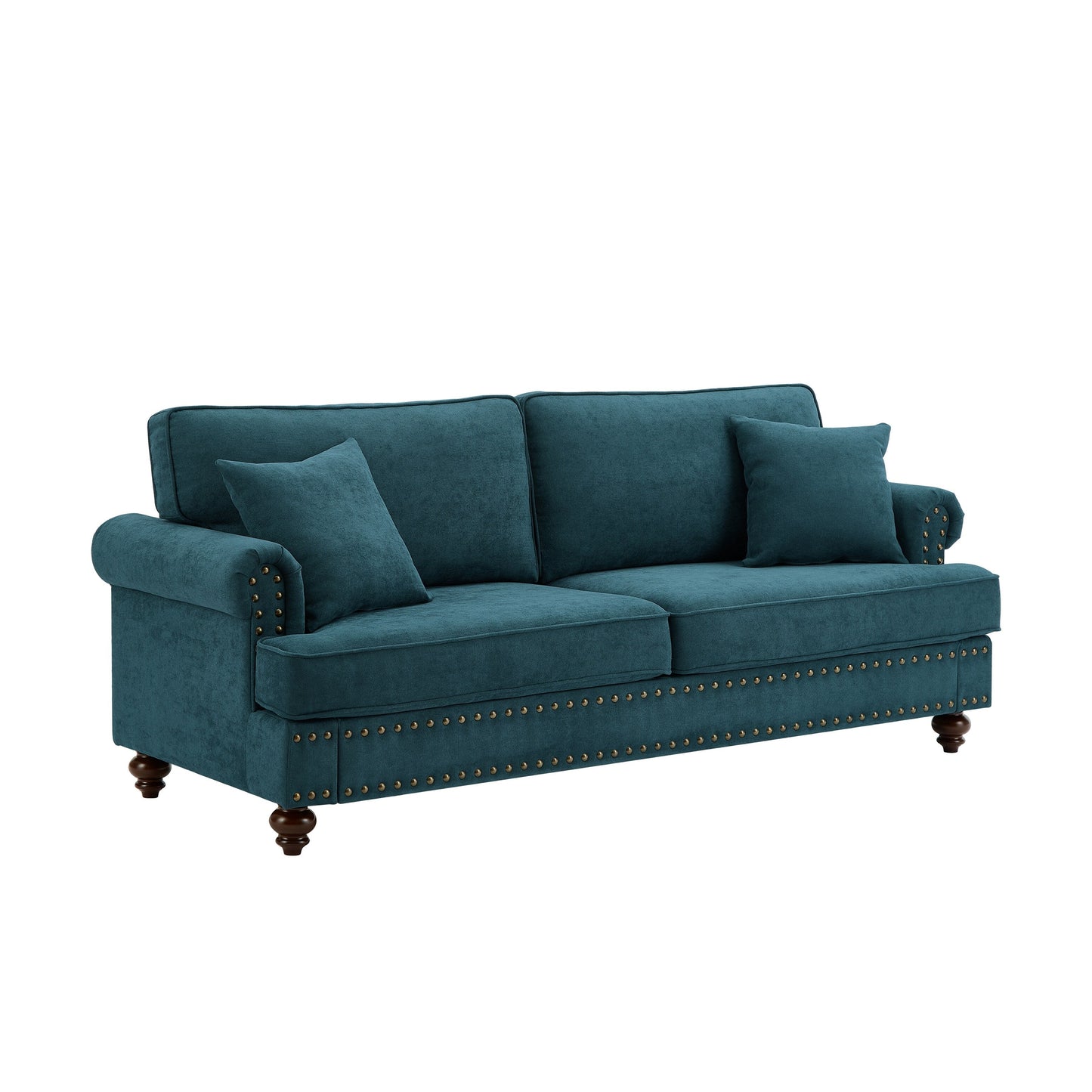 Green 82Modern Chenille 3 Seater Sofa Couch, with Brown Legs, 2 Pillow and Removable Cushions, Back