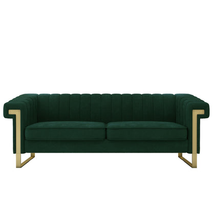 Green 83.85'' Velvet 3-Seater Couch with Decorative Armrests and Gold Accents