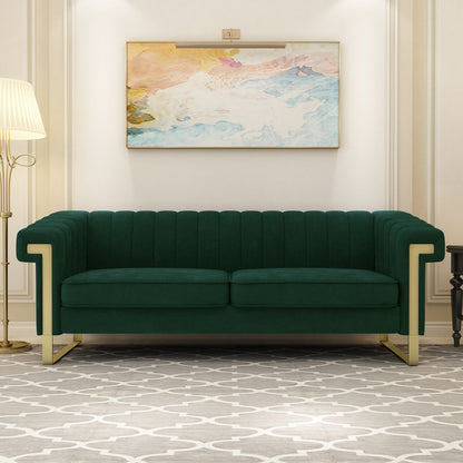 Green 83.85'' Velvet 3-Seater Couch with Decorative Armrests and Gold Accents