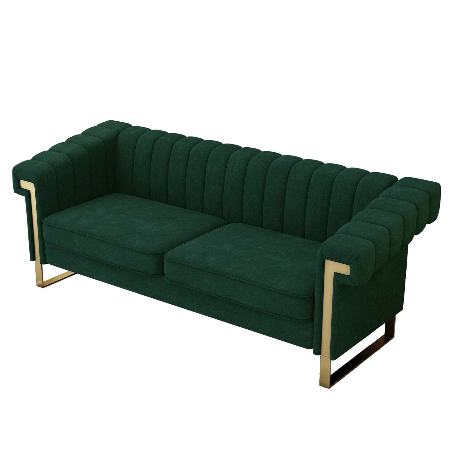 Green 83.85'' Velvet 3-Seater Couch with Decorative Armrests and Gold Accents