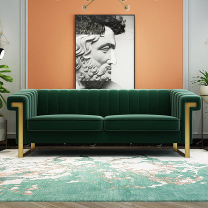 Green 83.85'' Velvet 3-Seater Couch with Decorative Armrests and Gold Accents