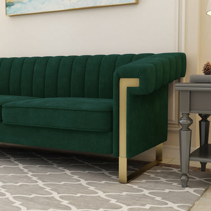 Green 83.85'' Velvet 3-Seater Couch with Decorative Armrests and Gold Accents