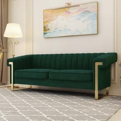 Green 83.85'' Velvet 3-Seater Couch with Decorative Armrests and Gold Accents