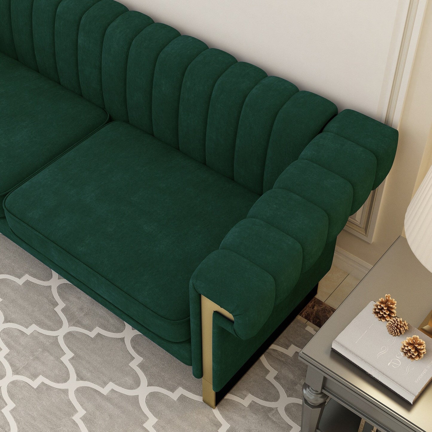 Green 83.85'' Velvet 3-Seater Couch with Decorative Armrests and Gold Accents