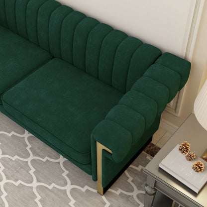 Green 83.85'' Velvet 3-Seater Couch with Decorative Armrests and Gold Accents