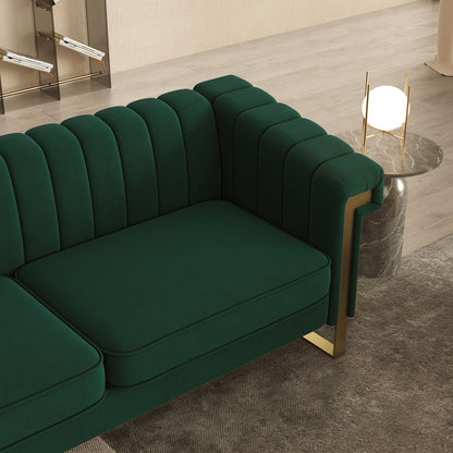 Green 83.85'' Velvet 3-Seater Couch with Decorative Armrests and Gold Accents