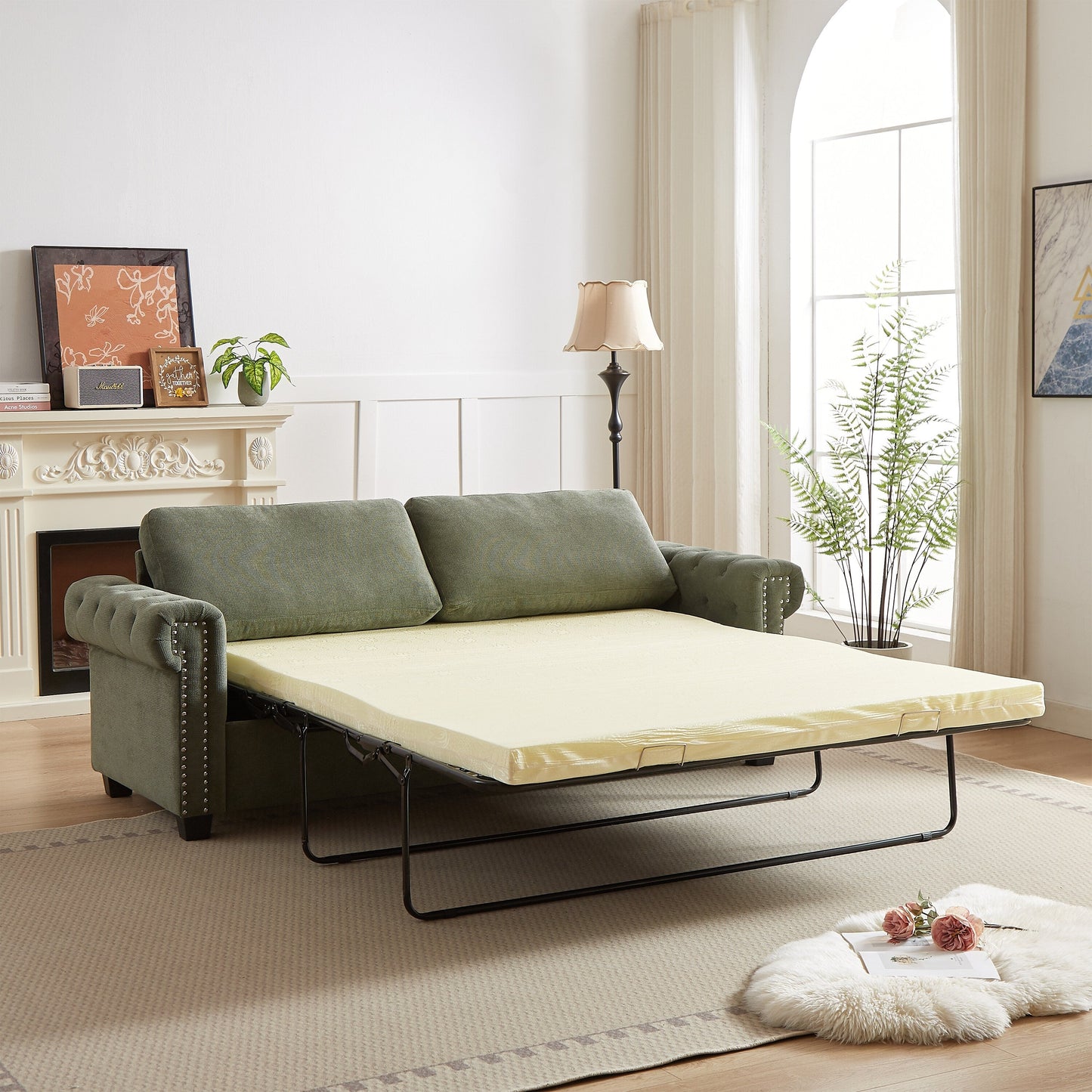 Green 83.8 2-in-1 Polyester 3-seater Nailheads Convertible Pullout Sofa Bed with Folding Mattress for Living Room