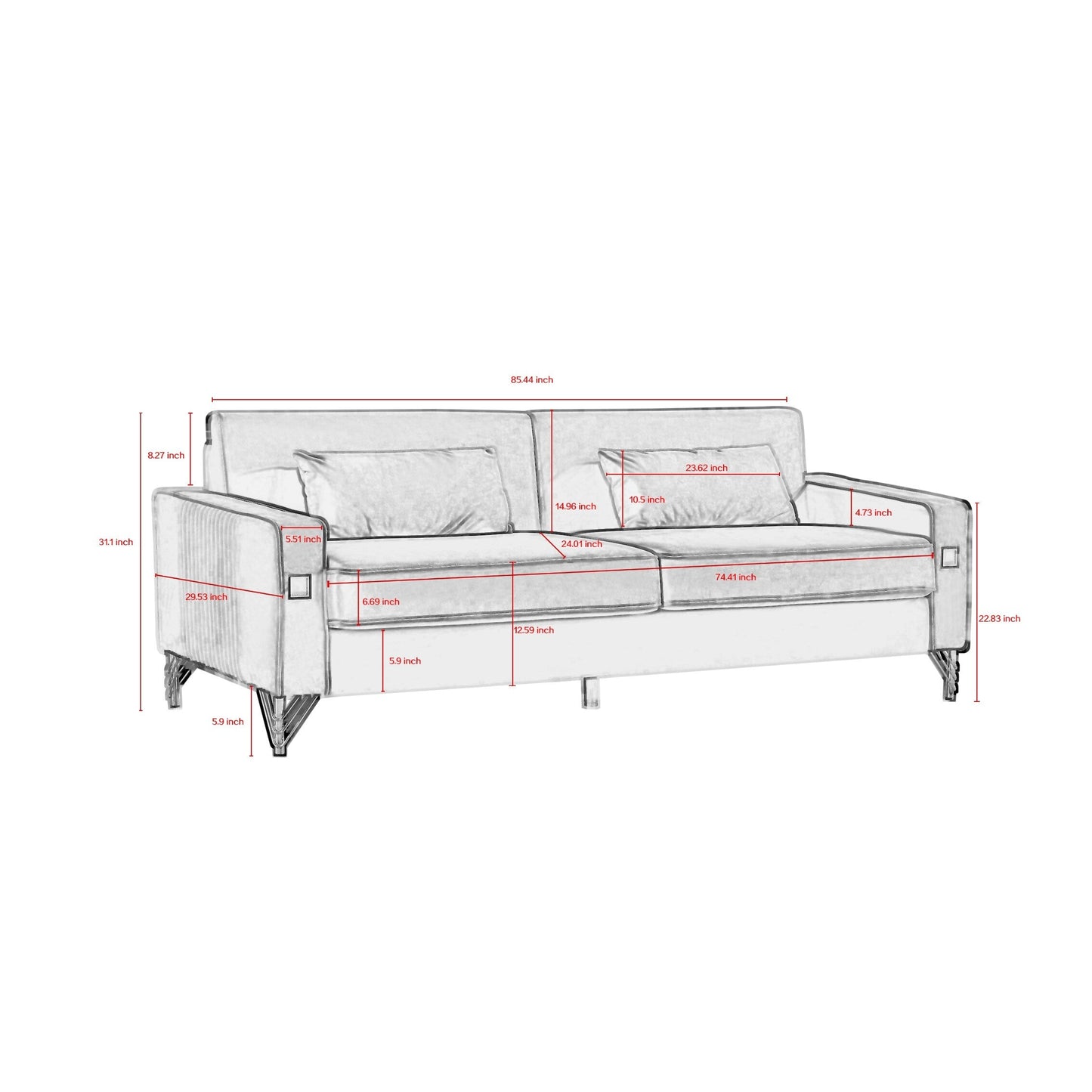 Green 85.44'' Velvet 3-Seater Sofa with 2 Pillows, Gold Metal Legs, High-Density Foam