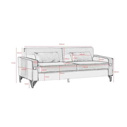 Green 85.44'' Velvet 3-Seater Sofa with 2 Pillows, Gold Metal Legs, High-Density Foam