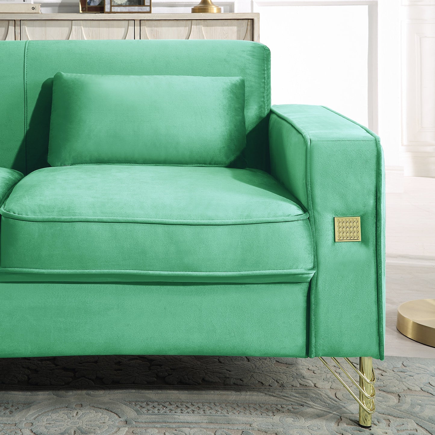 Green 86.61 Velvet 3-seater Sofa with Pillows and Gold Finish Metal Leg for Living Room